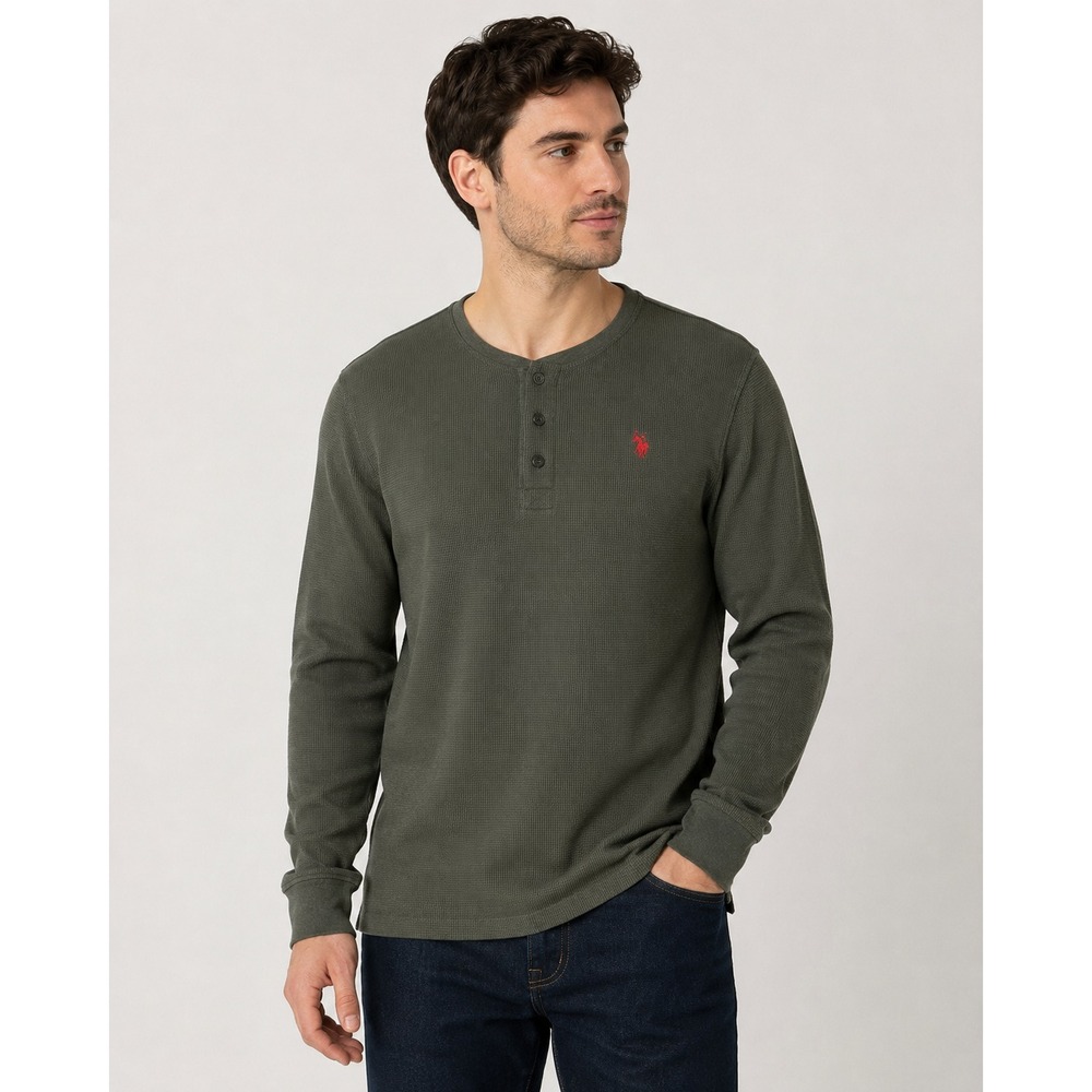 US Polo Assn Mens Small Dark Grey Thermal Henley Long Sleeve Shirt Waffle Knit